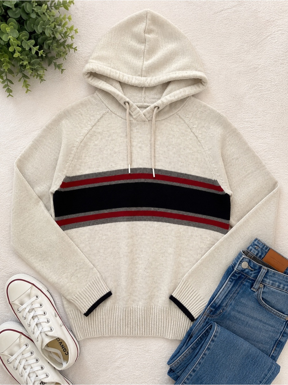 urban pipeline Cream Hooded Sweater with Black & Red Stripes